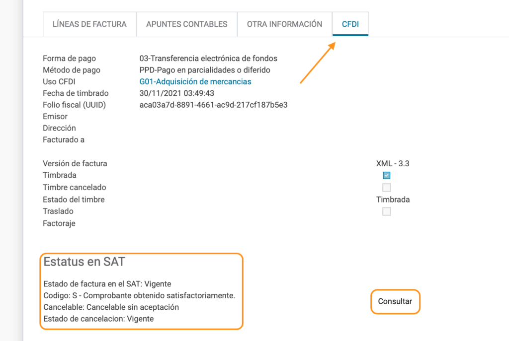 Botón para consultar estatus del timbre en SAT