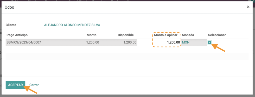 Asistente seleccionar anticipo y monto