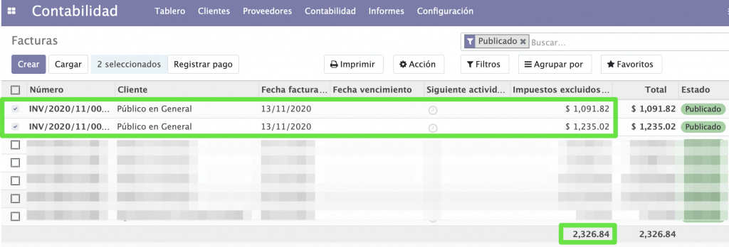 Dos facturas generadas — banco y efectivo