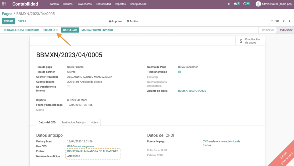 Botón Crear CFDI para timbrar el anticipo