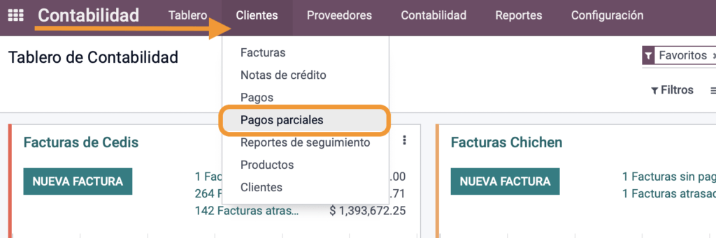 Menú Pagos parciales