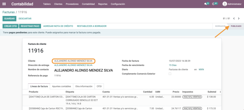 Factura publicada lista para ligar anticipo
