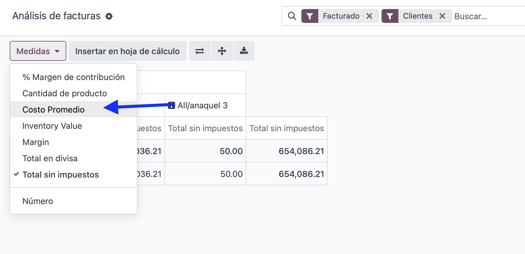 Costo promedio en vista pivote