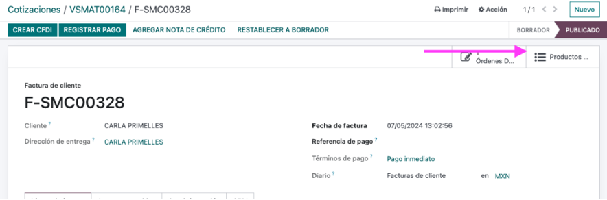 Botón productos extra desde la factura