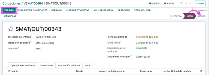 Salida de almacén en estado Listo
