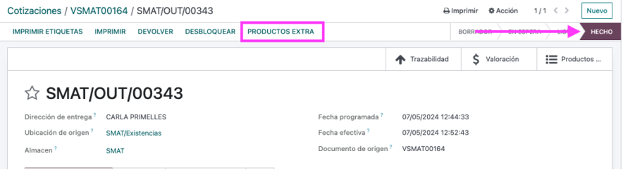 Botón Productos extra disponible