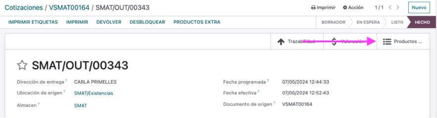 Resumen de productos extra entregados