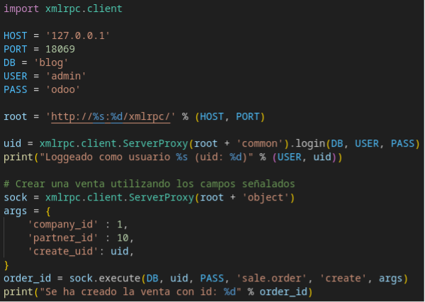 Código Python con xmlrpc.client para crear venta