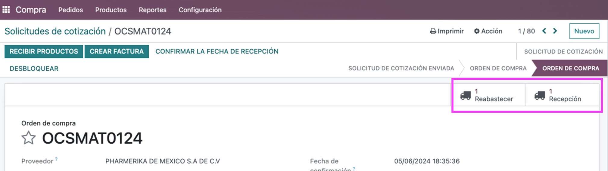 Botones de Reabastecer y Recepción