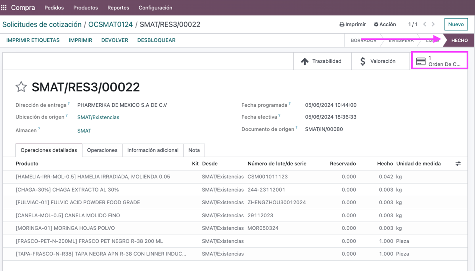 Acceso a la orden de compra desde el movimiento