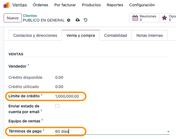 Configuración de crédito en el cliente