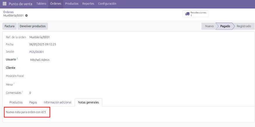 La orden actualizada vista en el backend