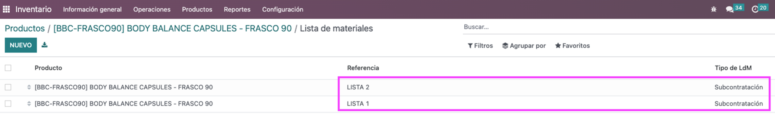 Producto con dos listas de materiales de subcontratación