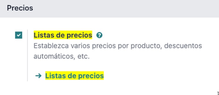 Activar listas de precios en ajustes