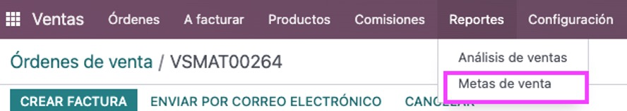 Menú del reporte de metas de venta
