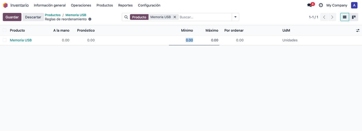Configurar mínimo y máximo de inventario