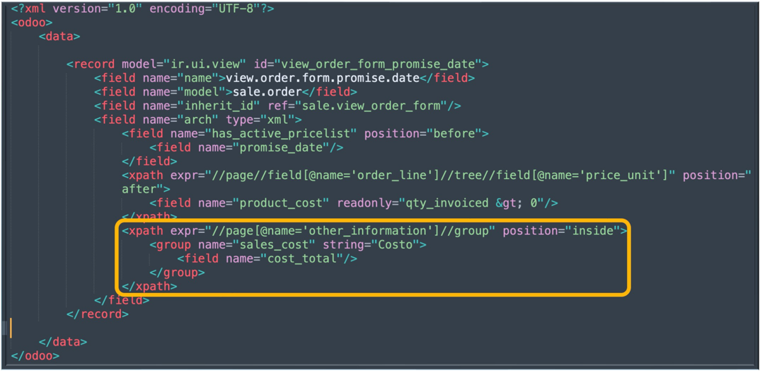 Vista XML con el nuevo campo en el grupo Costo