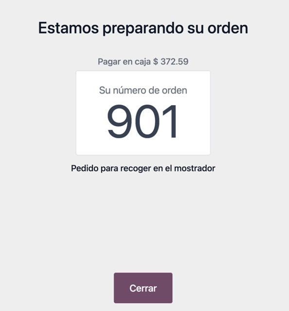Número de orden para pago en sucursal
