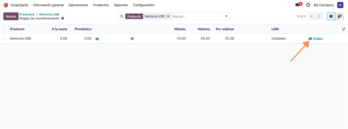Botón Orden en el registro de la regla