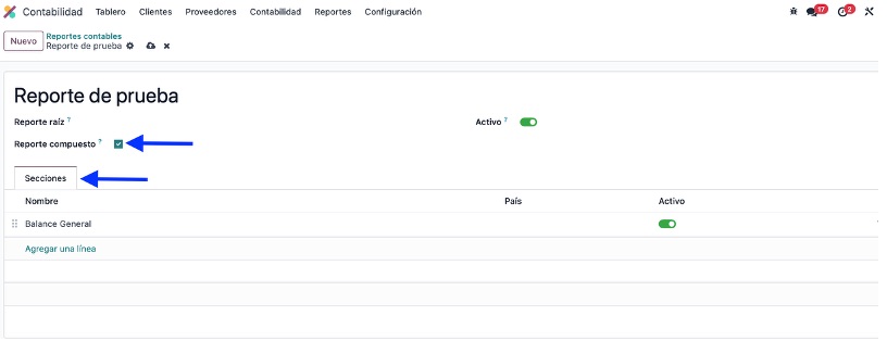 Pestaña Secciones al activar reporte compuesto