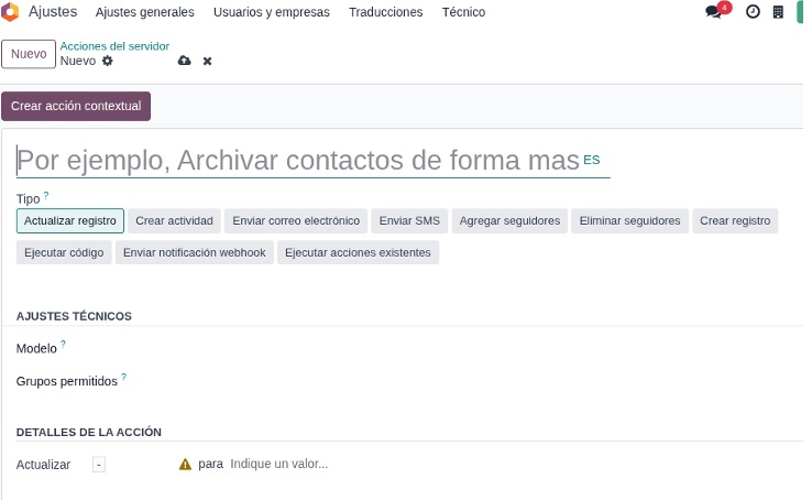 Configuración inicial de la acción