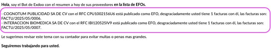 Reporte con proveedores EFO detectados