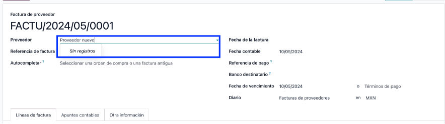 Factura de proveedor con creación bloqueada