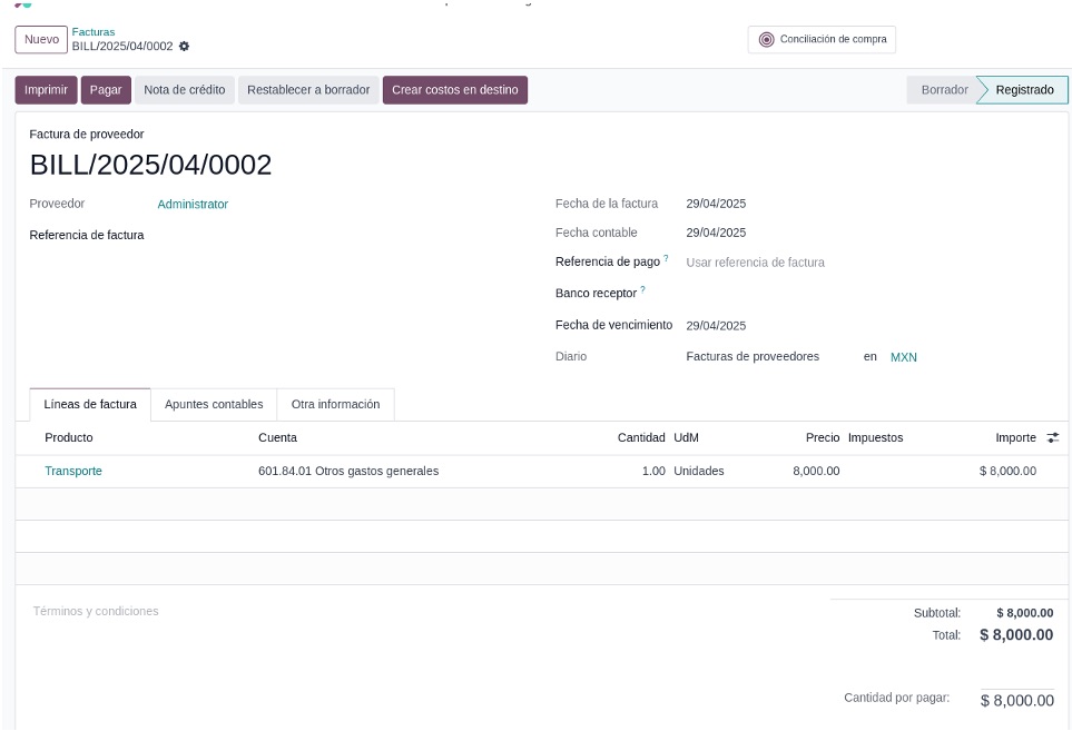 Factura del servicio de transporte