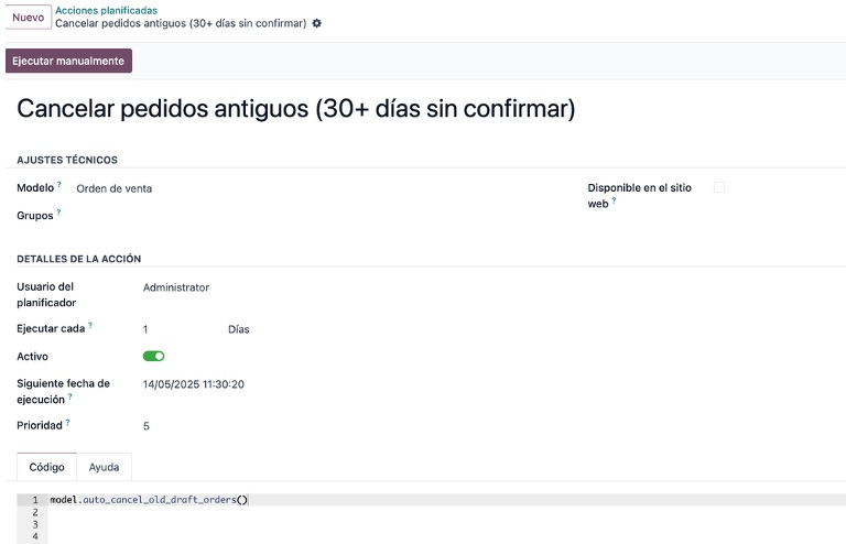 Acción planificada visible en la UI tras instalar el módulo