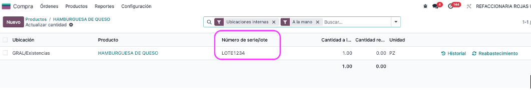 Producto con existencias desglosadas por lote