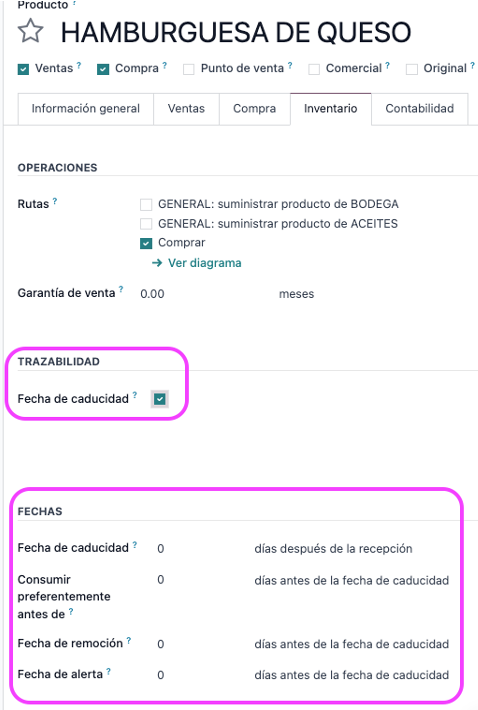 Pestaña Inventario con configuración de caducidad