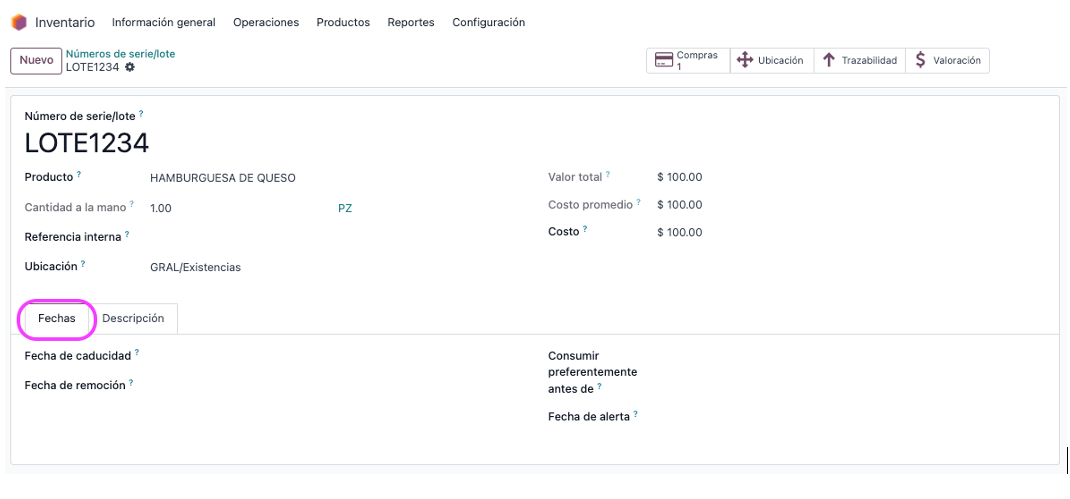 Detalle del lote con fechas de caducidad y alertas