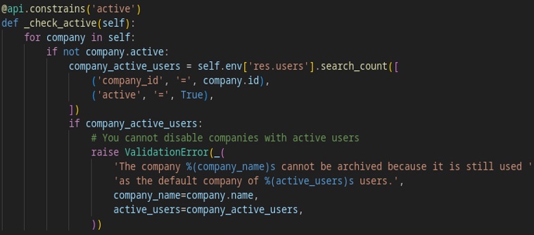 Python constraint en res.company validando archivado