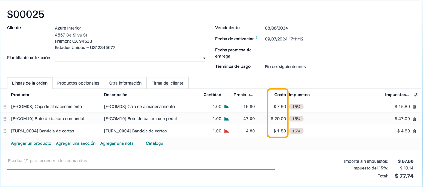 Campo costo en líneas de ventas