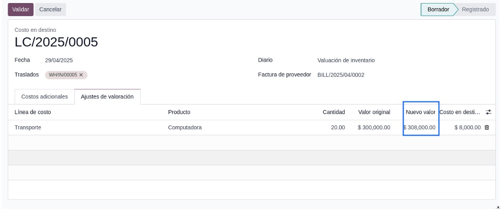 Valor original más costo en destino