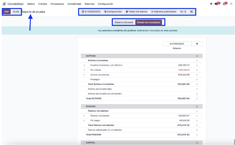Vista del reporte en Odoo