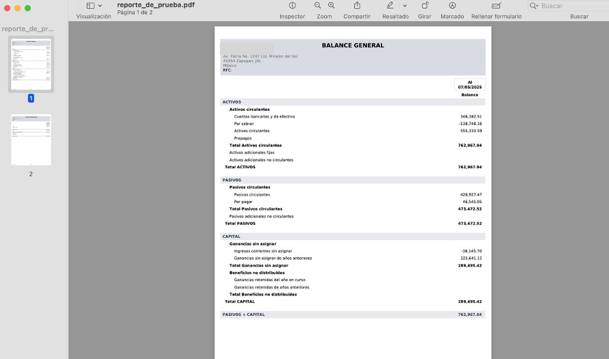Vista del reporte exportado a PDF