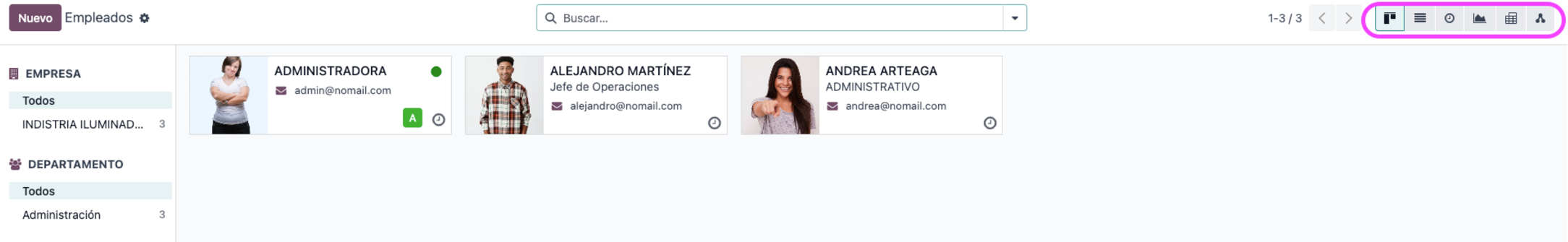 Vista Kanban del módulo de empleados