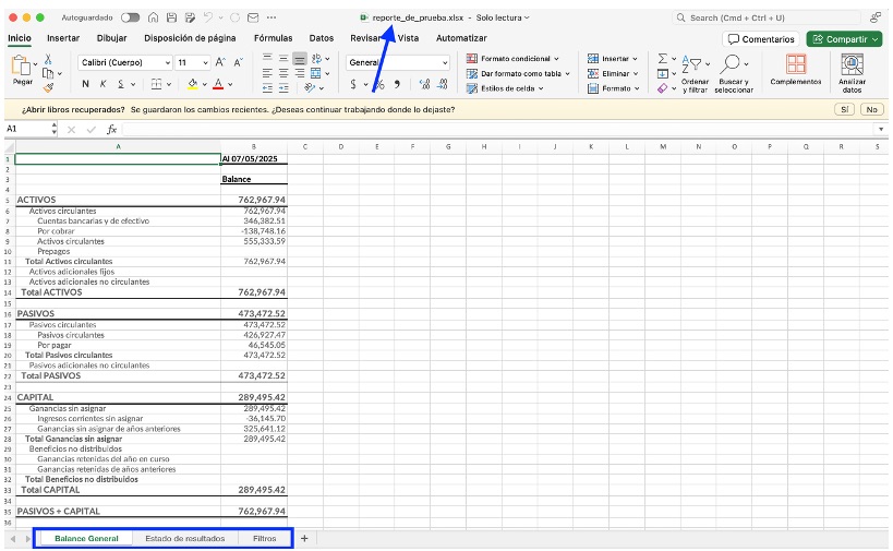 Vista del reporte exportado a XLSX